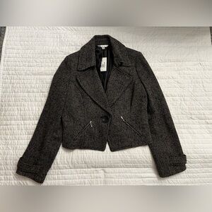 NWT Cabi | Black Tan Wool Blend Tweed Biker Jacket Blazer Cropped Moto Jacket